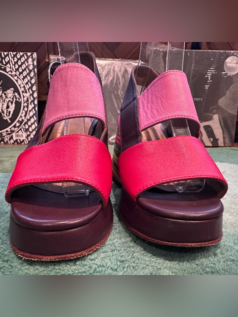 Fluevog NEARLY NEW Picnic Kerry striped rainbow heel platform open-toe sandal -6 - Picture 7 of 16